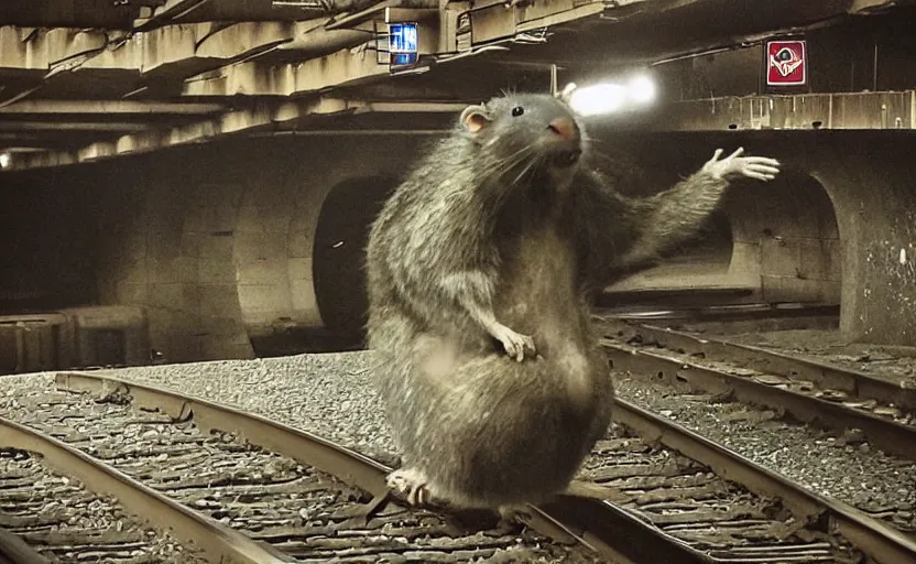 Image similar to giant mutant antropomorphic rat sitting on railways of tonnel of moscow subway. extreme high detail. photo by russos. dark and fear atmosphere.