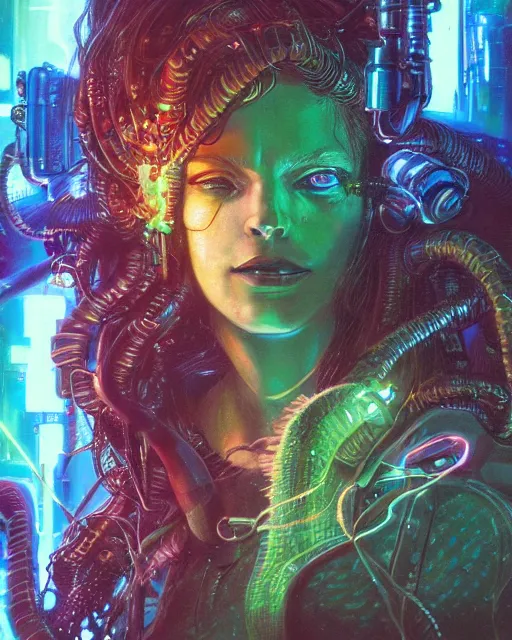 Image similar to a cyberpunk close up portrait of cyborg medusa, electricity, snakes in hair, sparks, bokeh, soft focus, by paul lehr, jesper ejsing