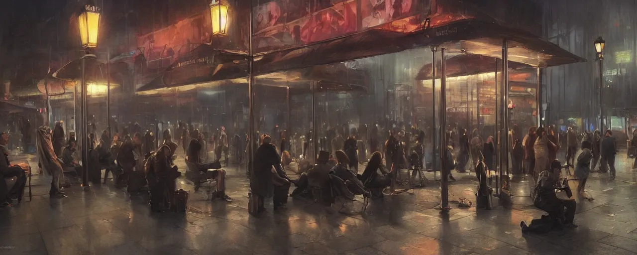 Image similar to some people waiting at the bus stop in the dark city night. most epic dramatic scene. epic cinematic hyperrealism masterpiece. realistic poster with shaded lighting by craig mallismo, artgerm, jeremy lipkin and michael garmash, unreal engine, radiant light, detailed and complex environment, digital art, art station trends