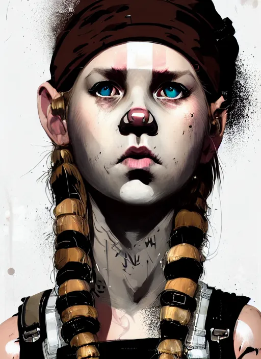 Prompt: highly detailed closeup portrait of a sewer punk swedish female road warrior student, tartan garment, blonde hair pigtails with headband by atey ghailan, by greg rutkowski, by greg tocchini, by james gilleard, by joe fenton, by kaethe butcher, gradient sapphire, black, brown and white color scheme, grunge aesthetic!!! white graffiti tag wall background