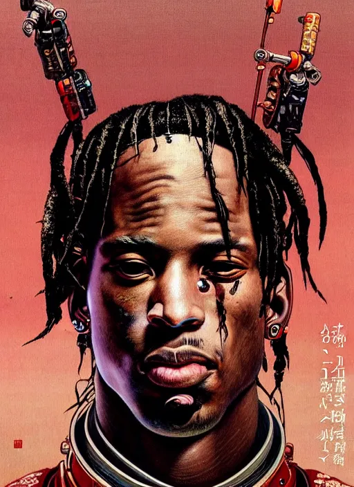 Image similar to a beautiful ukiyo painting of travis scott as a timepunk battle space pilot, wearing space techwear, detailed close up portrait, intricate complexity, concept art, by takato yamamoto, wlop, krenz cushart. cinematic dramatic atmosphere, sharp focus, digital full likeness art. center frame