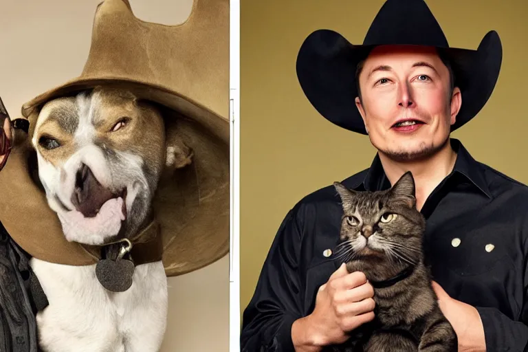 Image similar to apple dressed as cowboy costume, dog and cat, elon musk modeling with steve jobs