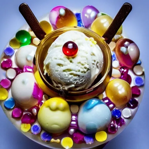 Prompt: an ice cream sundae made out of gems, high clarity gems, elegant and ornate,