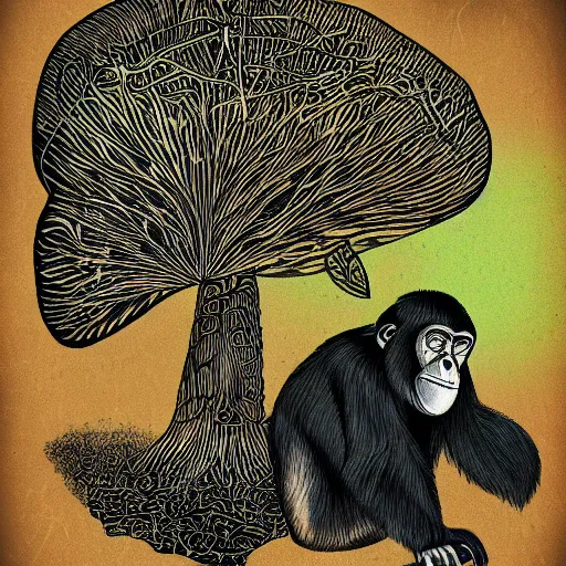 Image similar to stoned ape theory, psilocybin mushrooms, abstract, evolution