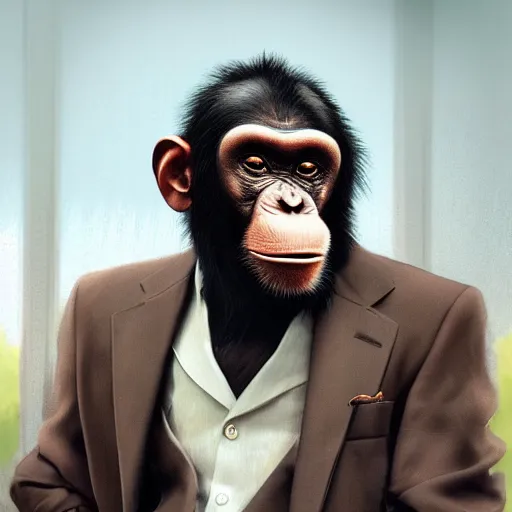 Image similar to a chimp wearing a suit smoking a cigar, dramatic lighting, cinematic, establishing shot, extremly high detail, photorealistic, cinematic lighting, artstation, style by James Gurney