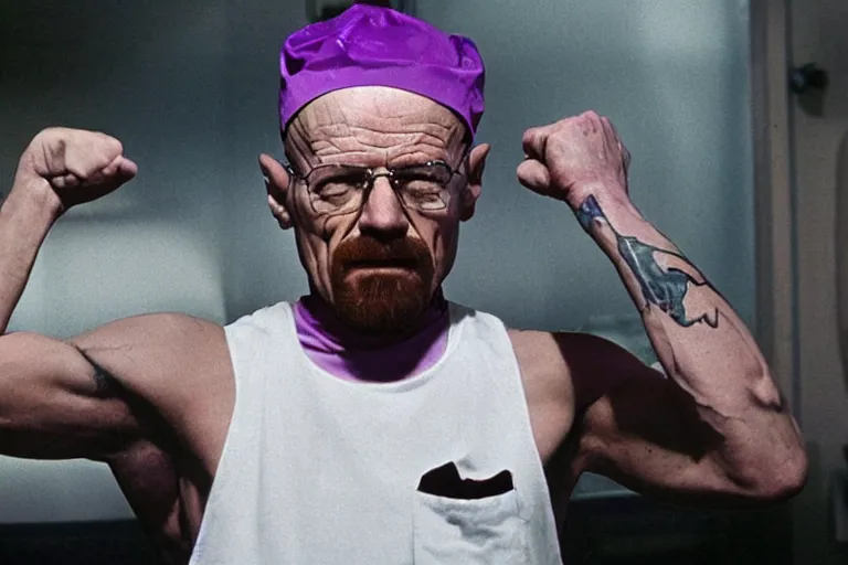 Image similar to walter white as a white gang member wearing a purple head covering made from a polyester or nylon material and a stained white tank top beating up his opponent gustavo fring in the streets of chicago, arms covered in gang tattoo, paparazzi, leaked footage, uncomfortable, bad quality