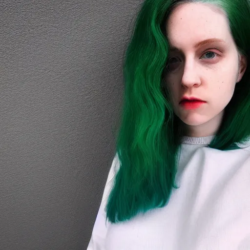 Image similar to a pale girl with green hair, soft facial features, looking directly at the camera, neutral expression, instagram picture