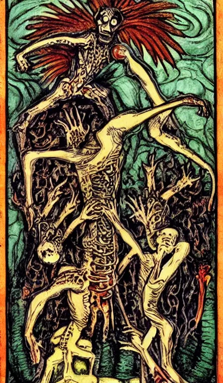 Image similar to full - color 1 5 0 0 s tarot - card illustrated in the style of clive barker depicting scenes of death and torment in the underworld. highly - detailed ; mystical ; horror.