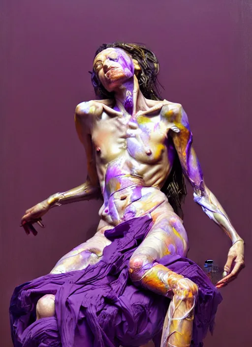 Prompt: human figures in dramatic poses, extra limbs, draped in purple and gold silk, highly detailed and intricate, expressive, surrealism, painting by jenny saville and charlie immer, digital painting, rendered in octane, artstation