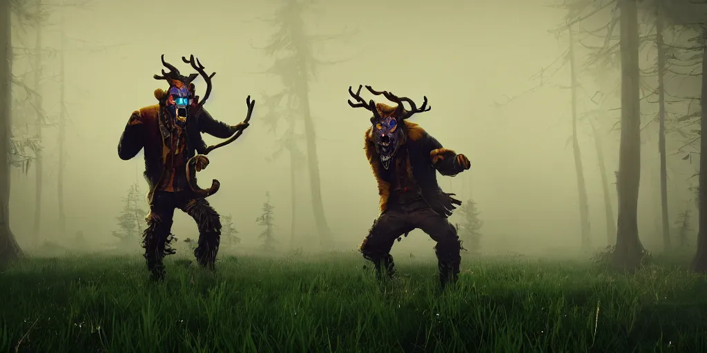 Image similar to lumberjack wearing a steampunk and neonpunk mechanical fluorescent mystical animal mask in strange misty estuary landscape fight with werewolf, night, realism in style of fornite game, 4 k, octane render, award winning photograph, epic cinematic shot, perfectly defined features, ambient occlusion