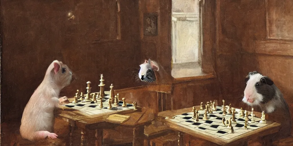 Image similar to a guinea pig playing chess inside a cozy victorian room, realistic oil paint