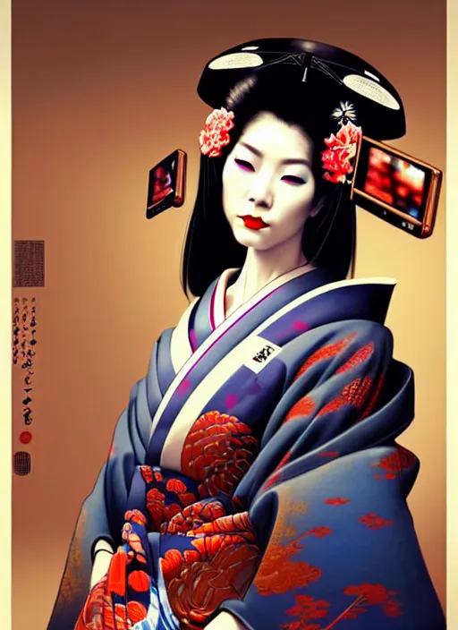 Image similar to sensual japanese geisha wearing vr eyepiece, intricate geisha kimono, robotic, android, cyborg, cyberpunk face, steampunk, fantasy, intricate, elegant, highly detailed, colorful, vivid color, digital photography, cool warm light, artstation, concept art, art by artgerm and greg rutkowski and ruan jia,