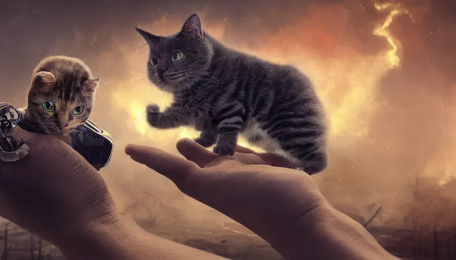 Image similar to a beautiful award-winning photo of a cyborg holding a small cat in his hands, serene post-nuclear background, a huge nuclear cloud, intricate details, numerous fires, volumetric lighting, haze, very high quality, extremely detailed, subtle visual noise, unreal engine 5, hyperrealistic, 8K