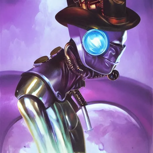 Prompt: steampunk android that emits purple fog, by alex ross