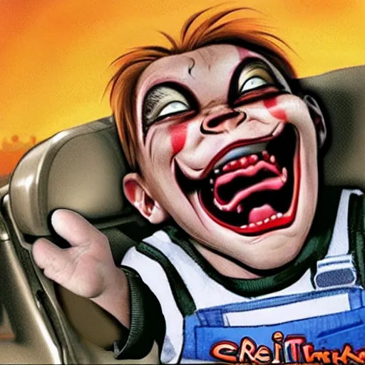 Prompt: screaming chucky stuck in traffic