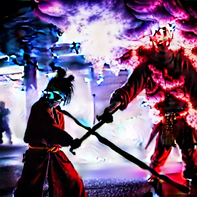 Image similar to cyber samurai fire dance slashing sword atomic, detailed bushido form smoke, fighting stance atomic energy, shibuya prefecture, cinematic neon uplighting, fog mist smoke, photorealistic, night photography by tomino - sama