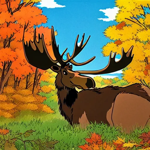 Image similar to Autumn moose hunter, studio ghibli, ultra detailed