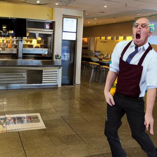 Prompt: manic man grabbing and eating toenail clippings off the floor of a cafeteria stop photograph