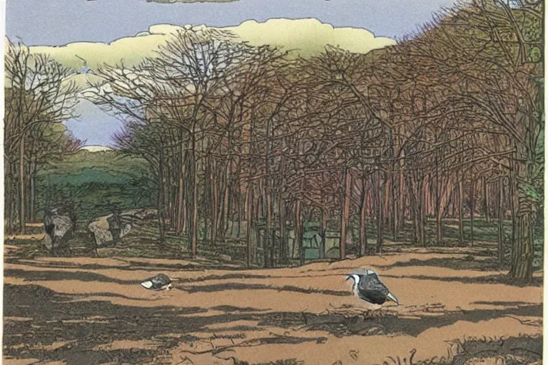 Prompt: country road store goose by moebius