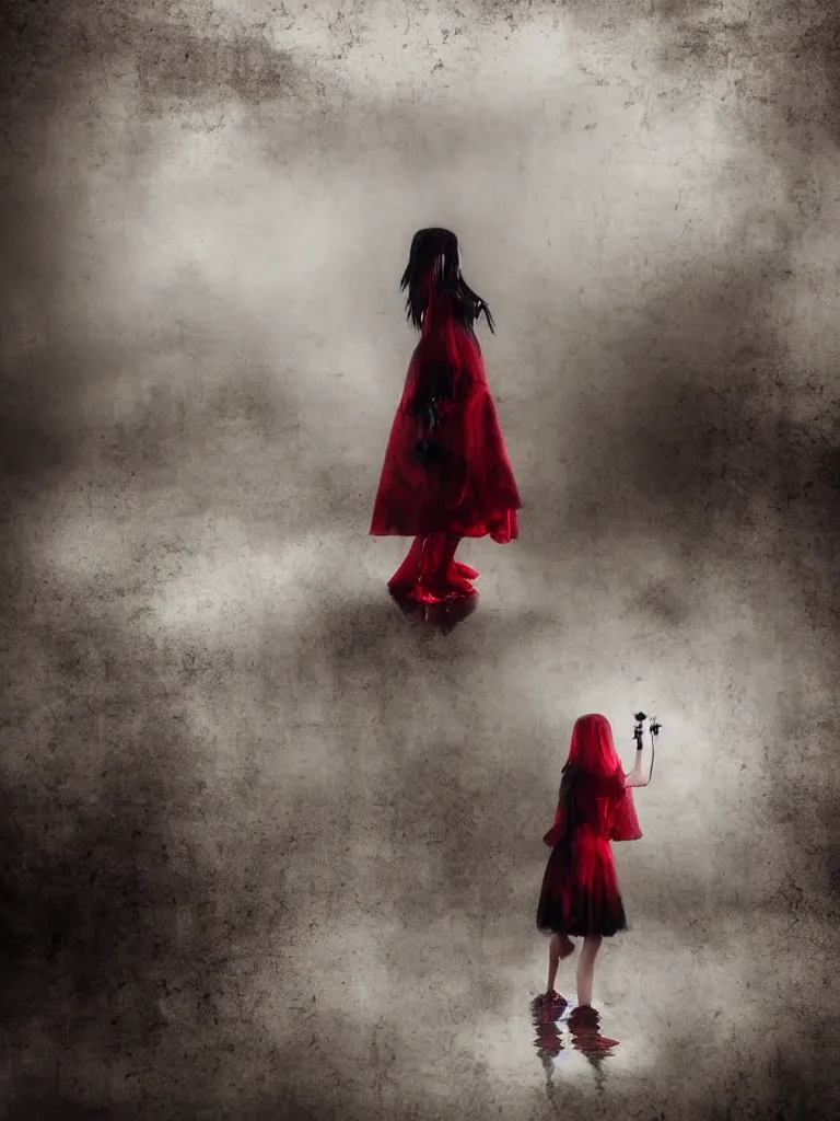 Image similar to cute drooping ectoplasmic fumo plush gothic maiden ghost apparition girl, in the lobby of a flooded abandoned hotel where it rains inside, volumetric fog, melting black and red dress, vignette, bokeh