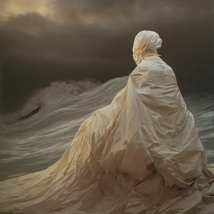 Image similar to a closeup portrait of a woman wearing wrapped in plastic, standing in front of a giant tsunami wave, color photograph, by vincent desiderio, canon eos c 3 0 0, ƒ 1. 8, 3 5 mm, 8 k, medium - format print