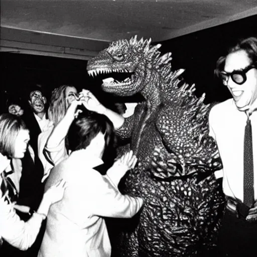 Prompt: extremely realistic toho godzilla partying at studio 5 4 b & w grainy photograph lots of celebrities including andy warhol