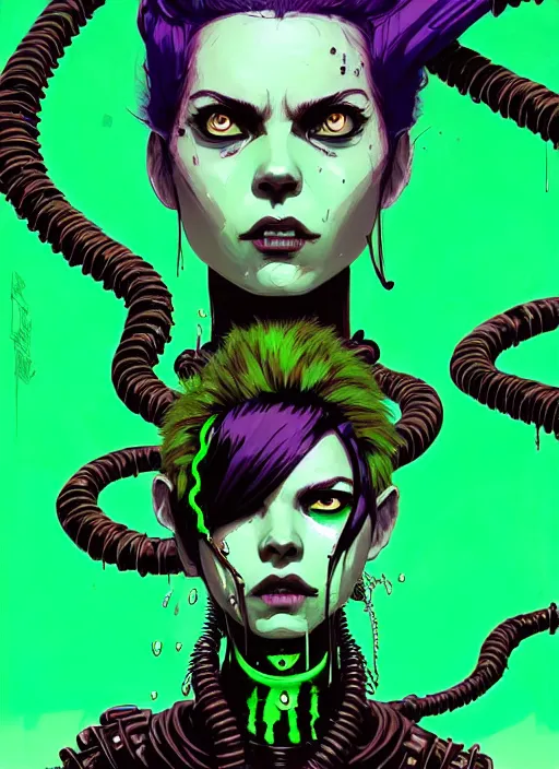 Image similar to highly detailed portrait of an angry wasteland punk long dripping green poison hair tribal lady, stray wiring by atey ghailan, james gilleard, by joe fenton, by greg rutkowski, by greg tocchini, by kaethe butcher, 4 k resolution, gradient purple, brown black and white color scheme!!! ( ( green flaming robotic sewer background ) )