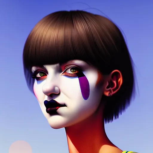 Prompt: close up a 🤡 face female portrait, 25 years old in a scenic environment by Ilya Kuvshinov