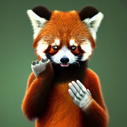 Prompt: friendly red panda waving hand at viewer, photorealistic, artstation