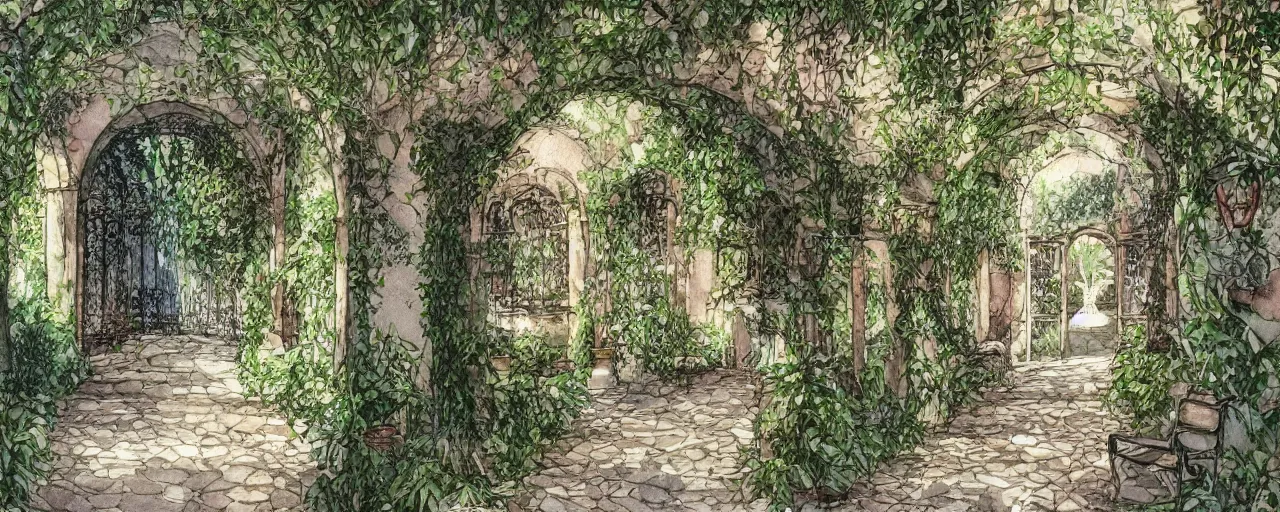 Image similar to courtyard walkway in an overgrown castle, sunny, stairway, chairs, wrought iron gate, tree, delicate, botanic garden, garden road, temple in a botanical herbarium paper, watercolor colored painting, iridescent colors, 8 k, realistic shaded, fine details, artstation, italian style, colonnade, huge flower