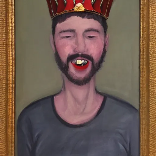 Image similar to man with red eyes and a crown grinning, oil painting