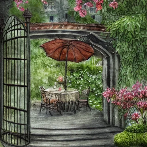 Image similar to delicate rain, toad, chairs, garden, paved, botanic watercolors, iridescent, 8 k, realistic shaded, fine details, artstation, italian, iron gate, tree, mediterranean