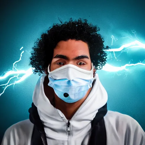 Image similar to a highly detailed, portrait of a man with black hair with a black medical mask, in a hood in the form of a blue shark with white teeth, photorealistic, 4k, beautiful lightning