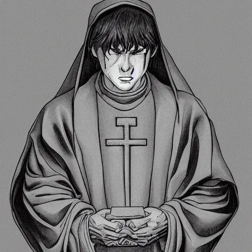 Image similar to portrait of Daniel Trejo as church nun, intricate, highly detailed, artstation, manga illustration by Kentaro Miura