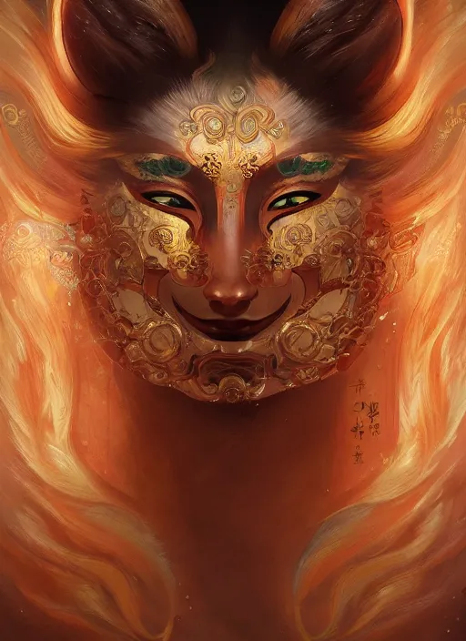 Prompt: a beautiful detailed oil on copper art illustration of a japanese kitsune mask woman, centered, by charlie bowater, zeng fanzh, trending on artstation, dim dusk lighting, cinematic lighting, detailed lighting, volumetric lighting, realistic, f 8, 4 k hd wallpaper