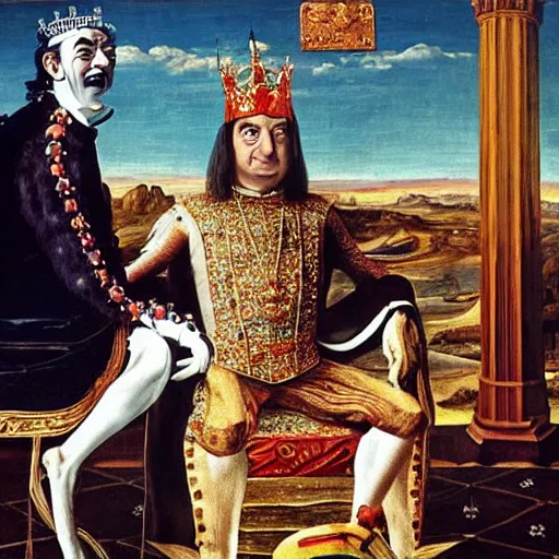 Image similar to A still of Mr. bean depicted as a king on a throne, renaissance oil painting by Salvador Dali