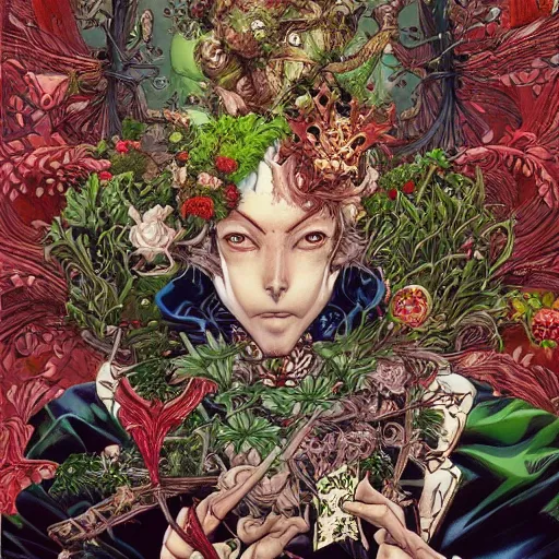 Image similar to portrait of crazy king of hearts with vegetation around, symmetrical, by yoichi hatakenaka, masamune shirow, josan gonzales and dan mumford, ayami kojima, takato yamamoto, barclay shaw, karol bak, yukito kishiro