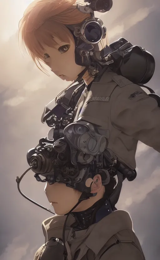 Image similar to pilot girl, cyborg aircraft parts, anime style, vintage pilot clothing, shoulder eyes, last exile anime, hair down, symmetrical facial features, from arknights, hyper realistic, 4 k, rule of thirds, extreme detail, detailed drawing, trending artstation, realistic lighting, by alphonse mucha, greg rutkowski, short neck