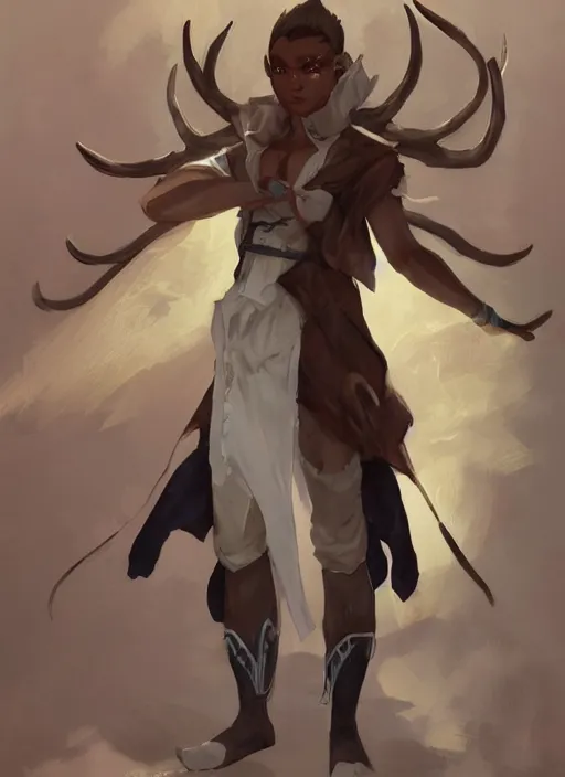 Image similar to concept art painting of an androgynous person with brown skin and short white hair, demon horns, deer makeup, full clothing, blue clothes, blue robes, detailed, cel shaded, in the style of ruan jia and artgerm and makoto shinkai and james gurney