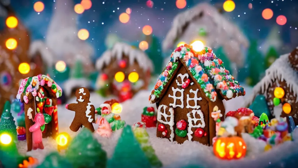 Image similar to closeup of miniature gingerbread candy village, colorful, fantasy, fairytale, forest, fireflies, flowers, halloween, christmas, snow, hansel and gretel, bokeh, depth of field 1 0 0 mm, cinematic scene, studio quality, unreal engine, octane render, trending on artstation, artgerm, cgsociety
