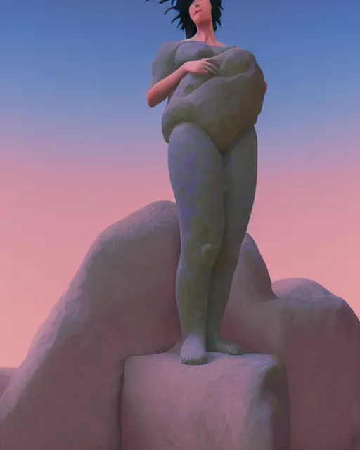 Image similar to a painting of a real woman standing in front of a huge stone statue, a screenshot by stanley twardowicz, cgsociety, aestheticism, aesthetic, vaporwave, anime aesthetic