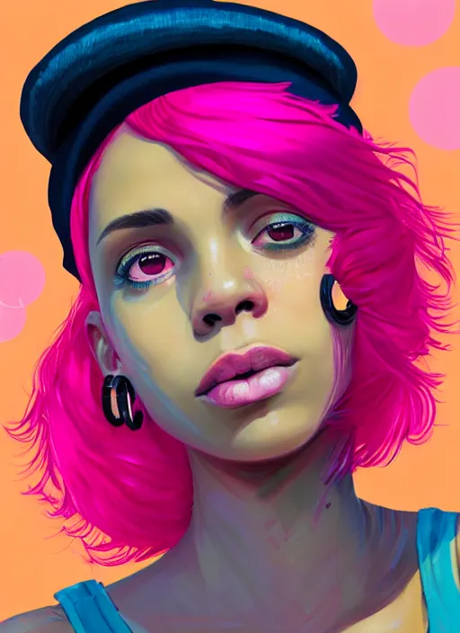 Image similar to portrait of teenage vanessa morgan with bright pink hair, black girl, curly pixie cut hair, wearing newsboy cap, pink short haircut, newsboy cap, hoop earrings, blue eyes, intricate, elegant, glowing lights, highly detailed, digital painting, artstation, concept art, smooth, sharp focus, illustration, art by wlop, mars ravelo and greg rutkowski