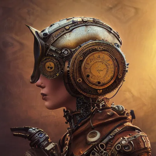 Prompt: dan mumford tom bagshaw, dream world curiosities carnival flying, photorealistic octane render of a single very beautiful helmet full long steampunk metallic armored ornate female, accurate features, focus, very intricate ultrafine details, award winning masterpiece, steampunk world spikes