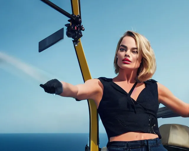 Image similar to margot robbie jumping off a helicopter, in mid air, hyper realistic faces, beautiful eyes, cinematic, long shot, hyper detailed, 8 5 mm photograph, 8 k resolution, film still, sharp lens, wide lens