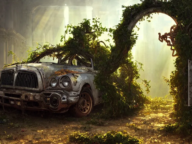 Image similar to a tree growing inside scrap car in ancient greek ruins, gray wasteland, many overgrown scrap cars, pillars and arches, colorful flowers, vines, cinematic, ray of golden sunlight, alphonse mucha, greg rutkowski, trending on artstation, artgerm, breathtaking, smooth, mark arian, award winning