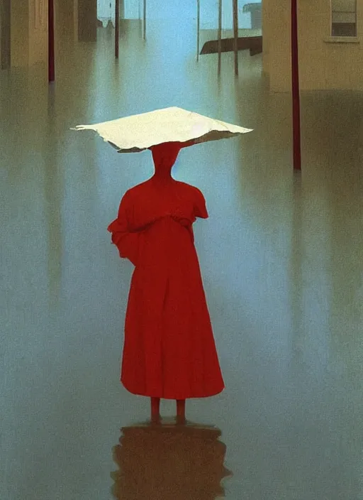 Prompt: woman dressed in plastic bags in paper bag over the head on flooded street Edward Hopper and James Gilleard, Zdzislaw Beksinski, highly detailed