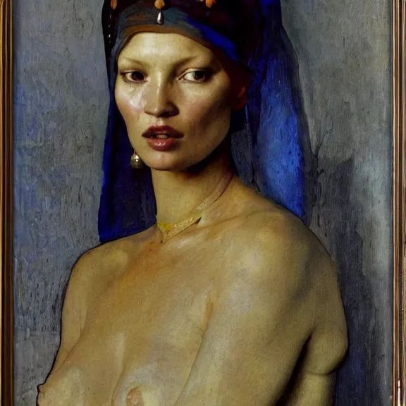 Prompt: Kate moss by Annie Swynnerton and Nicholas Roerich and Vermeer, strong dramatic cinematic lighting, ornate headdress, lost civilizations, smooth, sharp focus, extremely detailed