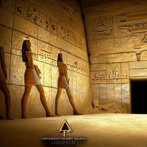 Image similar to Super realistic picture of what is inside the secret chamber of the pyramid of Giza, egypt, ancient, high detail, dessert