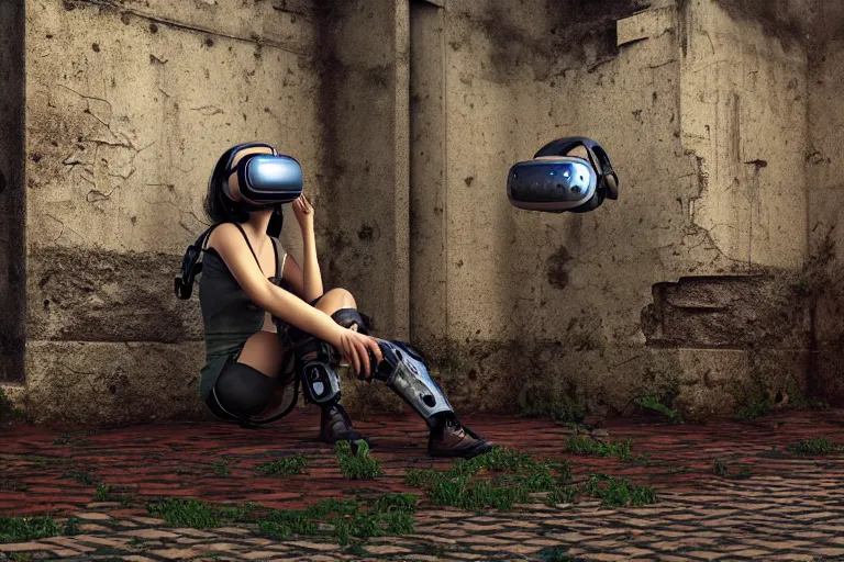 Prompt: Broken cyborg girl with VR helmet sitting on old courtyard with mud and an old playground between two soviet five-storey overgrown with ivy panel houses, high details, cinematic, 8k resolution, beautiful detailed, insanely intricate details, artstation trending, rule of third, octane render, unreal engine