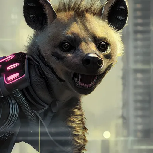 Image similar to cute baby hyena cyborg, cyberpunk 2 0 7 7 art, realistic, highly detailed